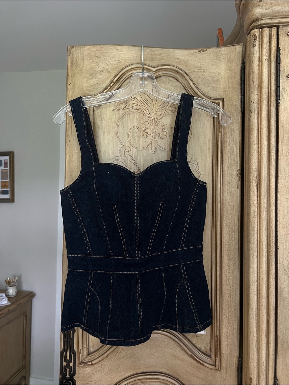 7 For All Mankind Dark Denim Zip-Back Corset Top